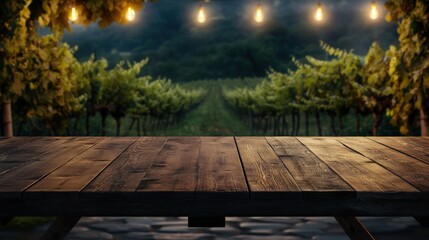 Product display stage on empty wooden table. Green plant background