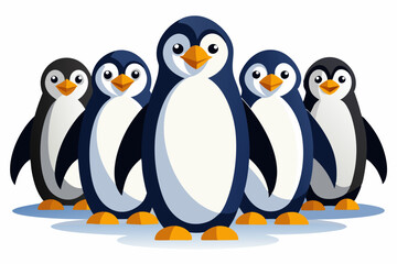 Naklejka premium Group of Five Cartoon Penguins Standing on Ice