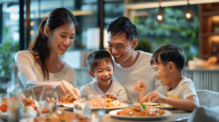 Joyful family of four shares a meal together, laughing and bonding over dinner at home.