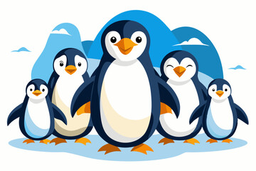 Naklejka premium Family of Five Cartoon Penguins Standing on Ice