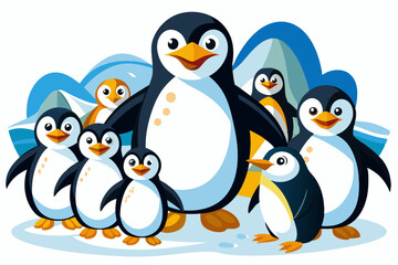 Naklejka premium A group of penguins standing on a snowy white background.