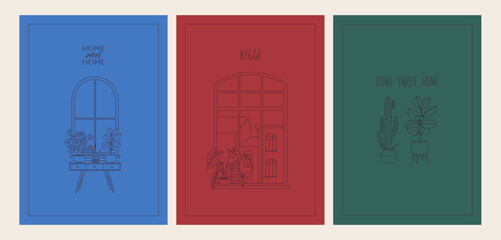 Outline happy new home greeting card set. Housewarming invitations, postcards with line art house plants on the windowsill, cityscape, and red, green, and blue backgrounds. Linear vector illustration.