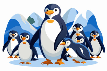 Naklejka premium A Group of Penguins Standing on Ice in a Snowy Landscape