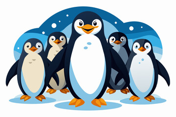 Obraz premium Five Cartoon Penguins Standing Together on Ice