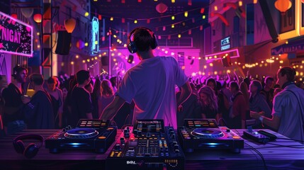 DJ performs at vibrant outdoor party with colorful lights and energetic crowd during a summer night
