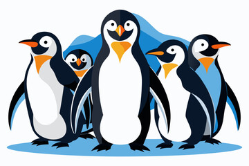 Obraz premium Five Penguins Standing Together on a Blue Surface