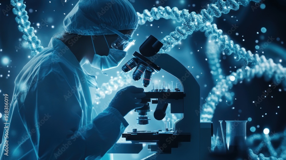Poster research and developement concept background scientist or reseacher using microscope in biotechnolog