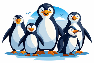 Group of Happy Cartoon Penguins Standing on Ice