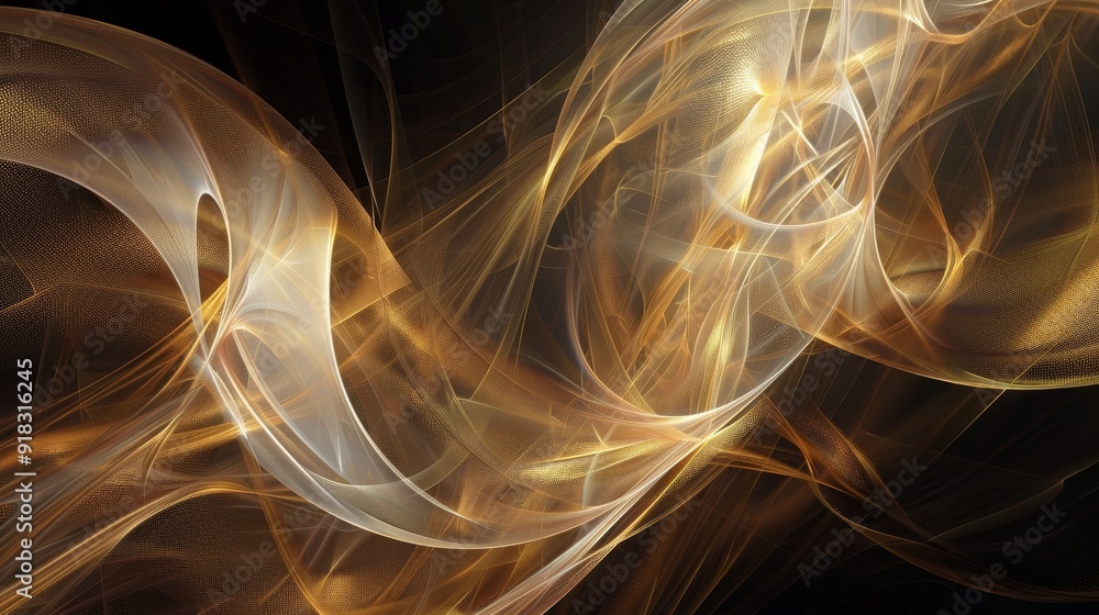 Poster abstract swirling patterns with golden hues against a dark background creating a sense of movement a