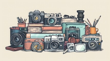 Fototapeta premium hand-drawn doodles of vintage cameras, books, and artistic tools, celebrating creativity, nostalgia
