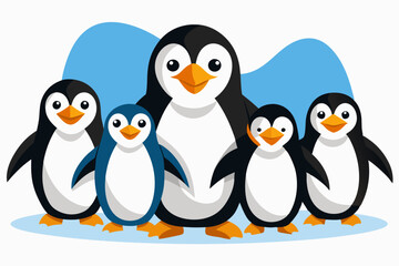 Fototapeta premium A Group of Five Happy Penguins Standing on Ice