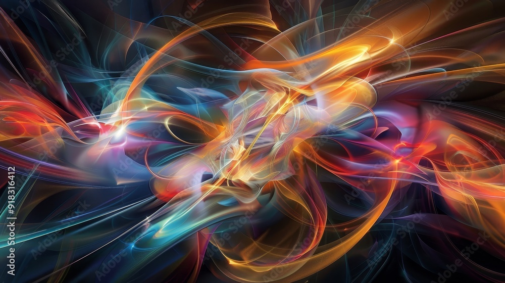 Poster colorful abstract digital art with swirling patterns and vibrant hues created in a dark background