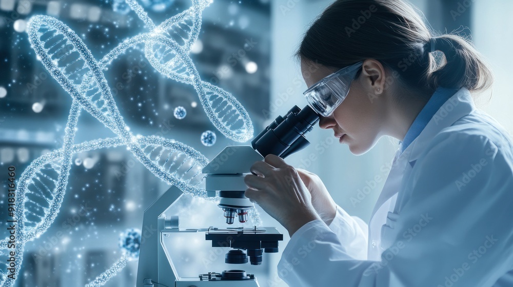 Poster research and developement concept background scientist or reseacher using microscope in biotechnolog