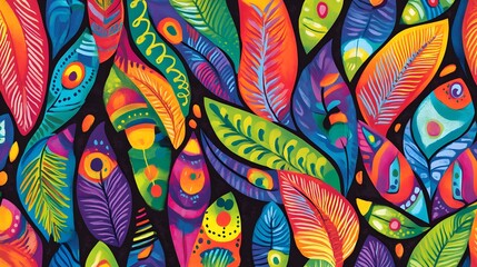 Mexican Art-Inspired Stylized Feather Pattern, Vibrant Color Palette, Ideal for Seamless Tiling