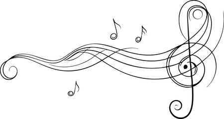 continuous single line drawing of music notes and treble clef, abstract sheet music line art vector illustration