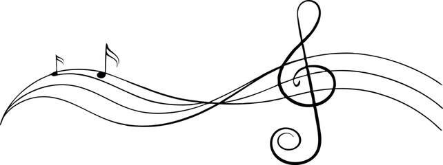 continuous single line drawing of music notes and treble clef, abstract sheet music line art vector illustration