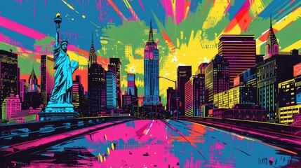 A vibrant, abstract cityscape with colorful brushstrokes depicting New York City landmarks.