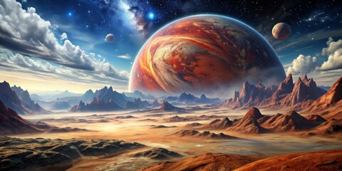 A Distant Planet's Landscape with a Giant Gaseous Red Planet in the Sky, Digital Painting, Fantasy Space, Exoplanet, Starry Night, Gaseous Giant, Extraterrestrial World