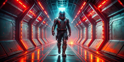 Fototapeta premium A lone astronaut walks through a futuristic spaceship corridor bathed in red light, digital art, sci-fi, futuristic, space exploration