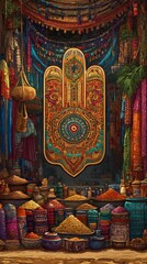 Fototapeta premium Hamsa Hand Desert Market Judaism, Islam Religion Spiritual Symbol - Generative AI