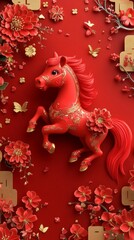 Obraz premium Chinese Zodiac Lively Red Horse in 3D Art: A Minimalist Chinese New Year HD Wallpaper with Floral and Gold Foil on a Crimson Background, Celebrating the Spring Festival in Style.