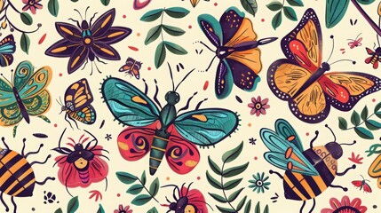 Explore the charm of hand-drawn doodles of insects and critters, depicting butterflies, ladybugs