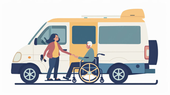Accessible transportation: a woman helping a man in a wheelchair onto a van ramp, emphasizing disability and movement