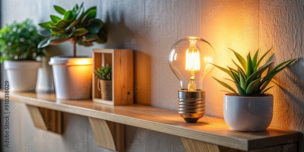 Wall mural A Warm Glow Edison Bulb and Plants on a Wooden Shelf, edison bulb , home decor , plant decor, interior design