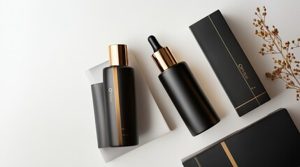 Obraz premium Elegant black and gold skincare bottles with minimalistic design arranged on a white background with dried flowers.