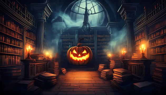  Haunted Library Scene- A spooky library filled with ancient books and eerie smoke, with a g_1(187)