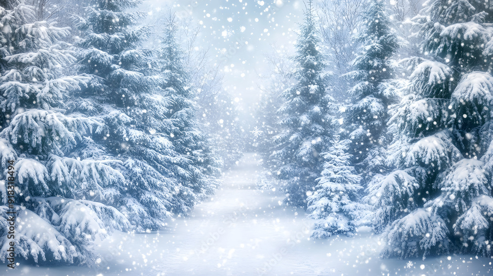 Poster a festive winter background featuring snow-covered trees and a serene pathway surrounded by falling 
