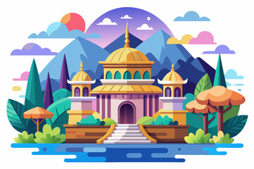 Golden Palace with Mountains and Sunset