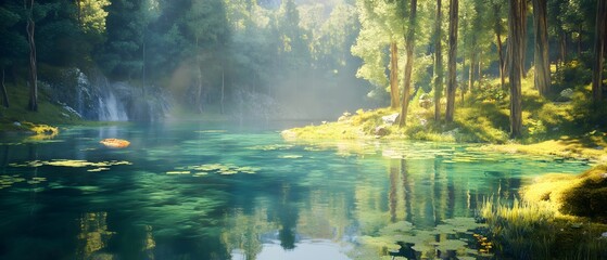 Fototapeta premium Sunbeams illuminate a tranquil forest pond, surrounded by lush greenery.