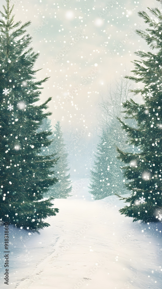 Poster a festive winter background features a snowy pathway lined with evergreen trees, gently falling snow