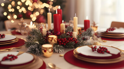 Naklejka premium A beautifully set holiday dining table adorned with elegant plates, candles, and festive decorations creating a warm and inviting atmosphere