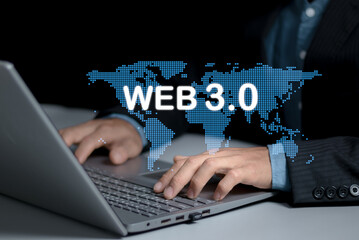 Businessman using a laptop showcases the cutting-edge Web 3.0 concept, highlighting the fusion of technology and the internet for business communication and modern website development. web3 concept.