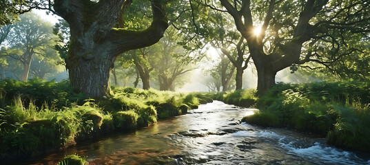 A Tranquil Woodland by a Bubbling Stream Bathed in Evening Hues
