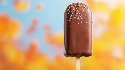 Obraz premium A detailed close-up of a maple pecan ice cream bar, coated with chocolate and sprinkled with sea salt, against a backdrop of warm autumn colors, in a hyper-realistic style.