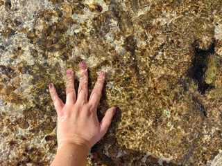 Woman caucasian hand in the sea water touching the white and brown rock