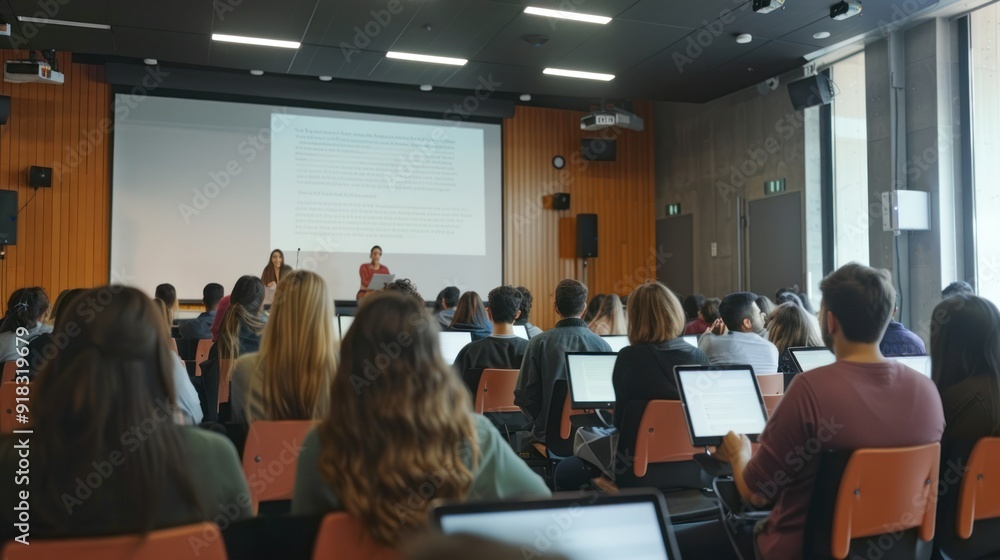 Aufkleber engaging university lecture with multimedia presentations and discussions.