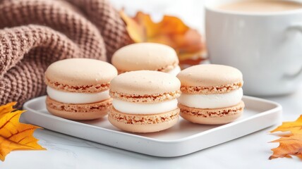 A tray of autumn-flavored ice cream macarons, like chai latte and maple pecan, with a background of cozy fall blankets and hot drinks, in a sophisticated, modern style.