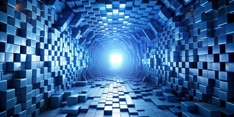 Obraz premium Blue Cubic Tunnel A 3D Render of a Futuristic, Geometric Passageway, 3d rendering , geometric , futuristic , tunnel