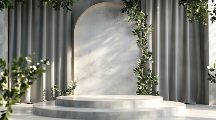 Event stage showcasing a winnerâ€™s podium with award medals and a luxurious laurel background.