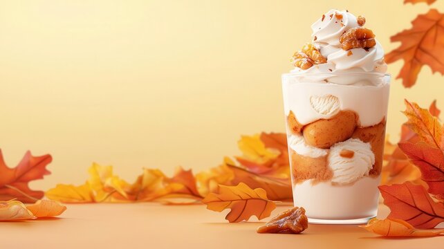 An elegant ice cream parfait with layers of spiced pumpkin, maple, and roasted chestnut, served in a tall glass, with a background of autumn foliage, in a luxurious, detailed illus