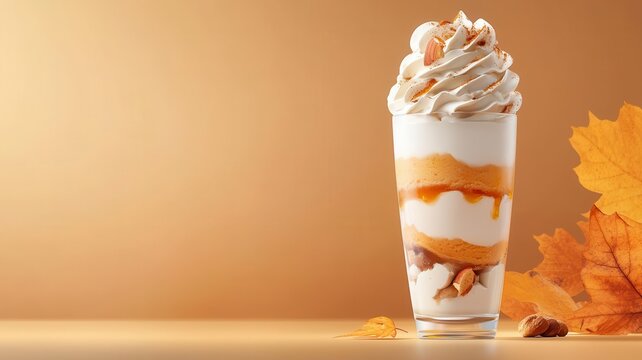 An elegant ice cream parfait with layers of spiced pumpkin, maple, and roasted chestnut, served in a tall glass, with a background of autumn foliage, in a luxurious, detailed illus