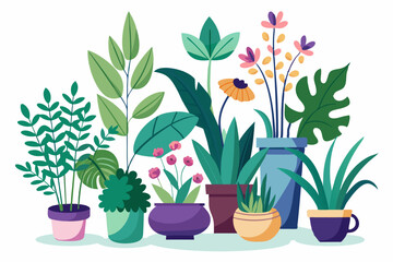 Obraz premium Colorful Potted Plants with Diverse Foliage and Blooms