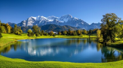 A picturesque landscape of the Alps, with majestic mountains in the background and lush greenery around a serene lake
