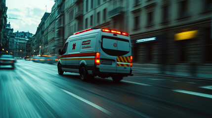 Modern Ambulance Racing Down City Street - Rear View