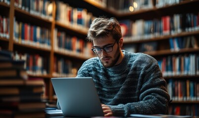 Young man student study in the school library with blurred student background. He using laptop and learning online