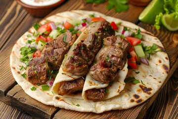 Delicious Middle Eastern Cuisine with Grilled Meat, Fresh Vegetables, and Fluffy Pita Bread